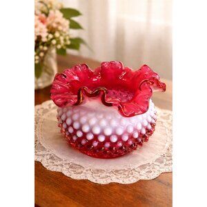 Fenton Cranberry Opalescent Hobnail Rose Bowl Ruffled Vase Art Glass